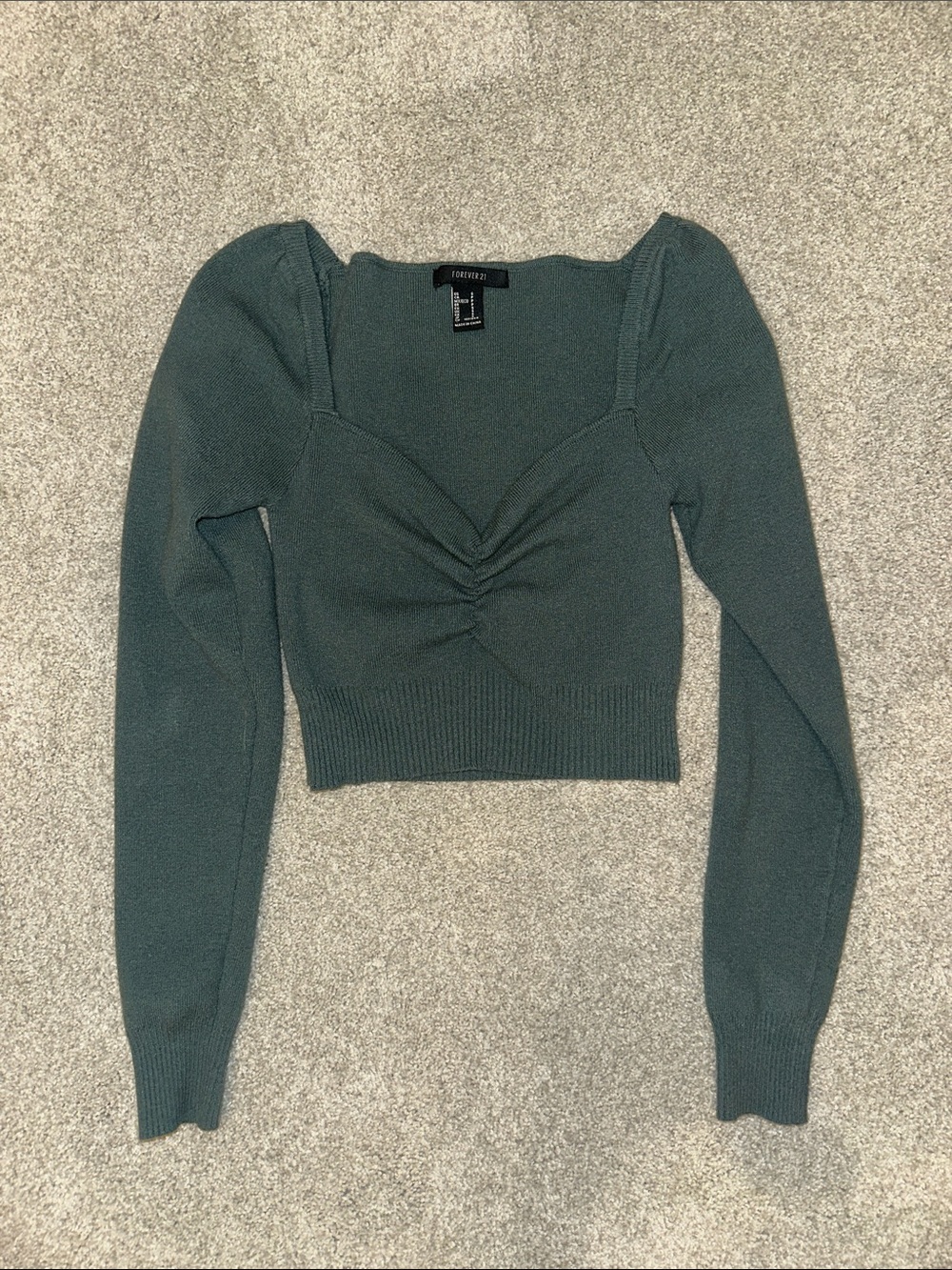 Forever21 Teal-Green Long Sleeve Ruched Crop Sweater